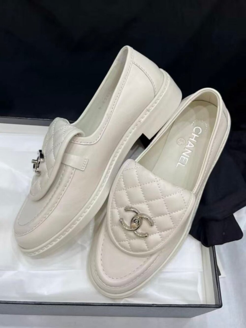 Chanel White Leather Loafers